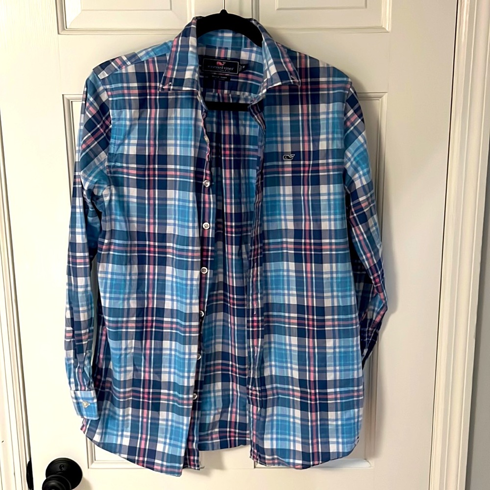 Vineyard Vine Plaid Whale Shirt Boys XL(18)